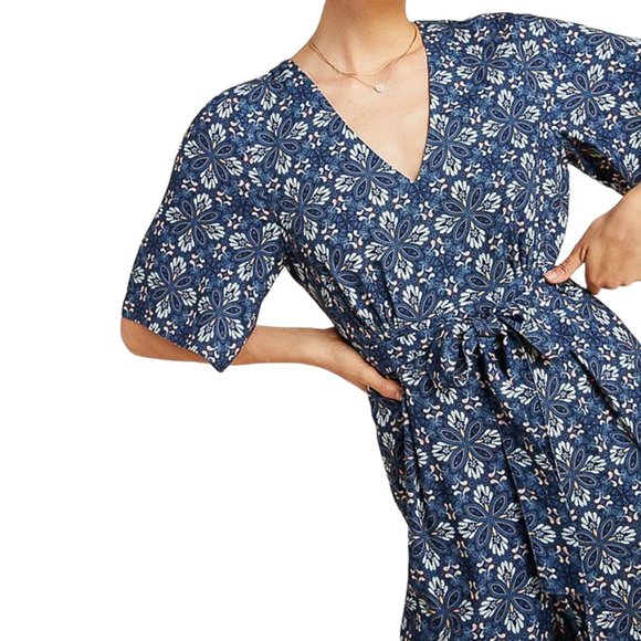 Anthropologie LAIA Norma Wide Leg Tie Waist Jumpsuit in Blue Floral Motif Print - Picture 3 of 17